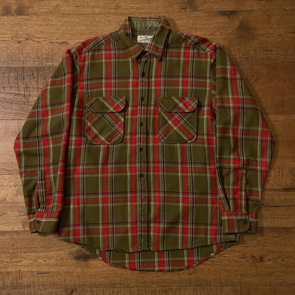 Vintage 70s Sears Roebuck Wool Plaid Flannel Board Shirt Mens XL Red Green